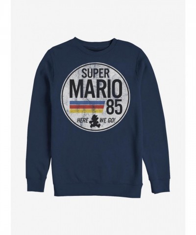 Nintendo Men's Blue Here We Go Mario Crewneck Sweatshirt