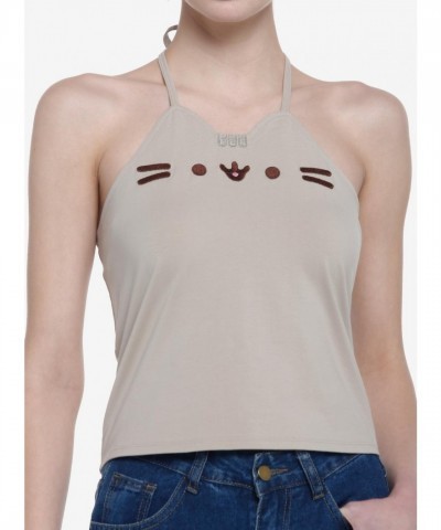 Pusheen Face Halter Top - Cozy Cotton Spandex Women's Unisex