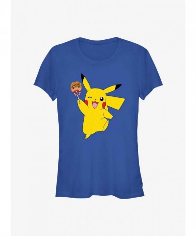 Pikachu Caramel Apple T-Shirt for Girls - Lightweight Blue