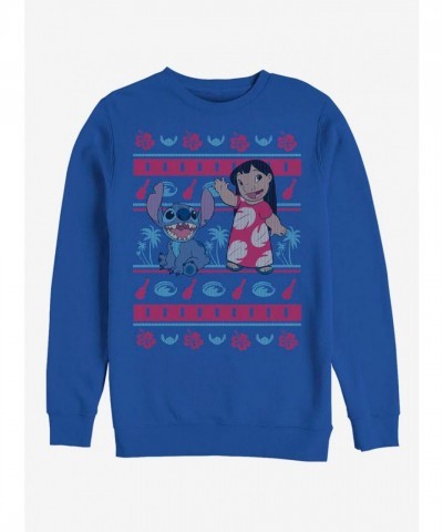 Disney Lilo & Stitch Blue Hawaiian Pattern Crewneck Sweatshirt for Men